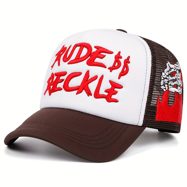 Gorra de Malla con Esqueleto de Mano RUDE para Mujeres y Hombres - Gorra de Béisbol Transpirable para el Verano, Ajuste Regulable, Material Acrílico Ligero, Perfecta para Fiestas y Uso Diario