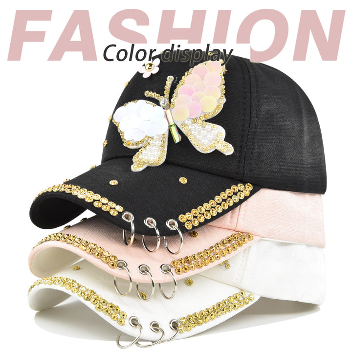 Gorra de béisbol blanca estilo punk para mujer con mariposa de diamantes de imitación brillantes y hebilla de anillo de metal - Cierre ajustable snapback, visera adornada en 3D, ajuste sin elasticidad para fiestas, escenarios, atuendos diarios - Sombrero
