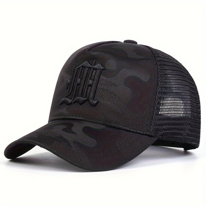 Gorra de béisbol casual para hombres con diseño de letra M, 100% poliéster, ligero, ajustable, con malla trasera transpirable, para protección solar al aire libre, viajes y playa