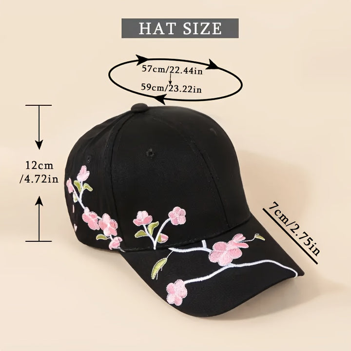 Gorra de béisbol elegante con bordado de flores de ciruelo, 100% algodón, estilo casual, diseño versátil en blanco y negro, para hombres y mujeres