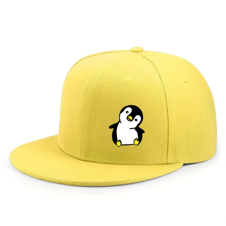 Gorra Plana Unisex de Hip-Hop con Estampado de Pingüino Urbano, Color Sólido y Ajustable para Exteriores