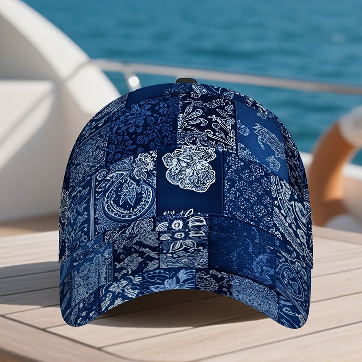 1 Gorra de Béisbol Azul Marino y Blanca con Estampado Paisley - Correa Ajustable, Clásica para Hombres, Ideal para Eventos Formales y Casuales - Sombrero Diario No Eléctrico para Halloween, Navidad, Acción de Gracias, Fiestas, Diseño de Patchwork, Constru