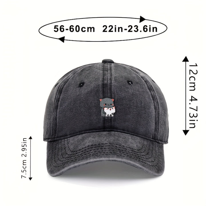 1 pieza de gorra de béisbol bordada con dibujos animados de gatitos grises y blancos, ajustable, ligera, transpirable, para todas las estaciones, poliéster, 100g/m², con instrucciones de cuidado de lavado a mano.