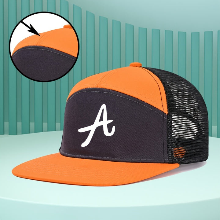 Gorra de béisbol con visera plana, 100% poliéster, letra A deportiva, cierre ajustable con hebilla, protección solar, impresión duradera, lavado en seco profesional, ideal para actividades al aire libre