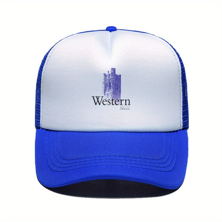 1pc Gorra de Béisbol Estilo Trucker con Logo de Música Occidental - Sombrero de Papá Transpirable en Poliéster con Panel Frontal Blanco y Visera Rosa, Gráfico de Nota Musical y Sombrero Vaquero, Ropa Casual Unisex para Hombres y Mujeres, Accesorio para Di