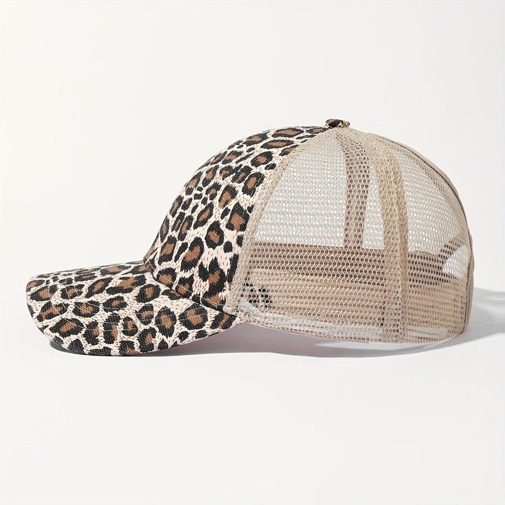 1 pieza, gorra de béisbol sexy para mujer con estampado de leopardo, agujero para cola de caballo, parte trasera de malla transpirable, cierre ajustable con cierre de clic, ala ancha, ideal para ropa de calle y actividades al aire libre.