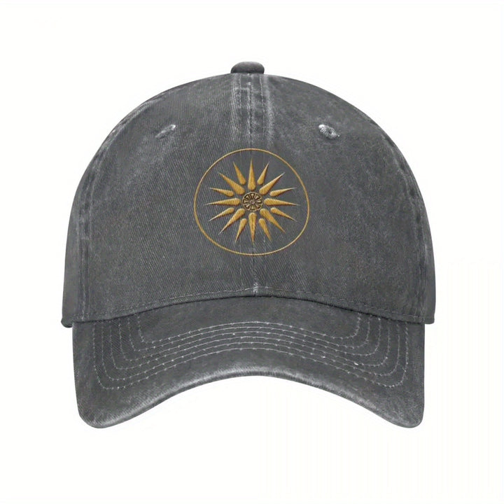 Gorra de Béisbol Dorada con Símbolo de Macedonia - Gorra Ajustable Snapback, Diseño de Seis Paneles en Denim Transpirable para Hombres y Mujeres, Estilo Casual Urbano (Lavable a Máquina) - Uso Formal y Diario, Sombrero Versátil, Emblema Impreso, Cómoda y