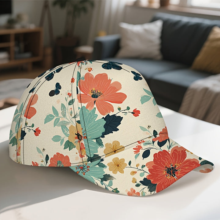 1 gorra ajustable de béisbol con estampado floral 2D de cuerpo completo - Diseño vibrante de flores y hojas, transpirable para deportes, running, gimnasio y actividades al aire libre - Estilo moderno para ropa casual urbana (Poliéster)