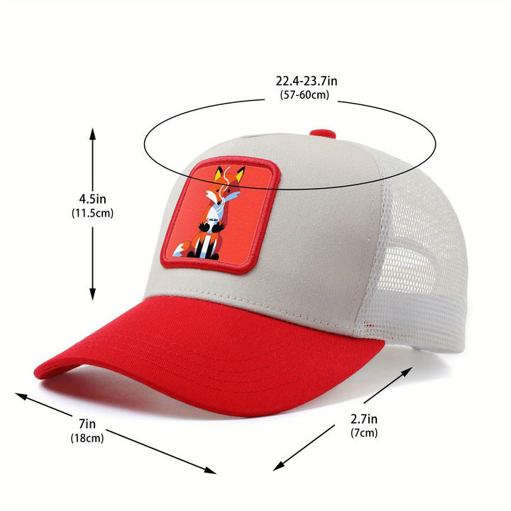 Gorra de Camionero Unisex de Anime con Zorro y Taza de Café - Gorra Ajustable con Cierre de Presión, Parte Trasera de Malla Transpirable, Diseño de 6 Paneles y Estilo Manga - Gorra Ligera para Verano, Casual, Skate (Gris/Rojo)