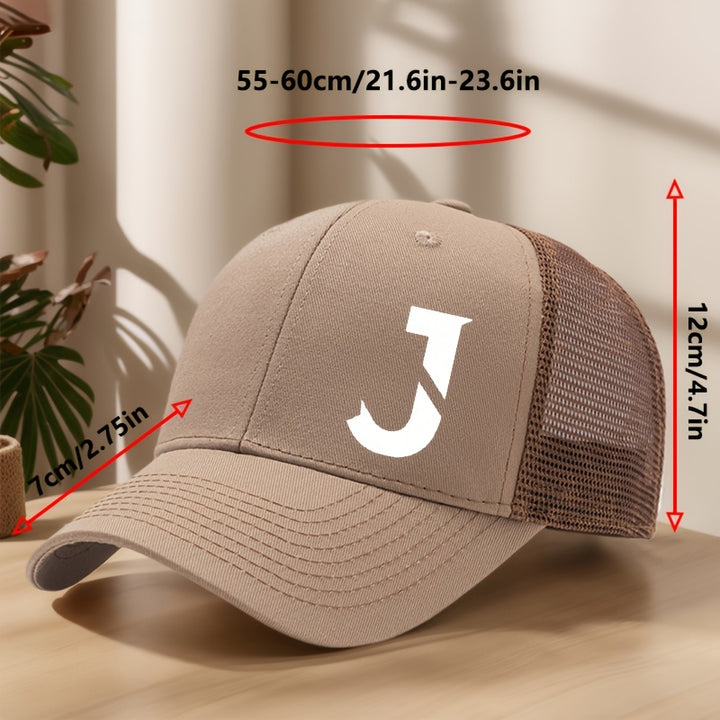 Gorra de béisbol con letra J impresa, diseño creativo - Gorra de malla transpirable y ajustable para primavera/verano, ideal para actividades al aire libre, deportes, senderismo, pesca y protección solar - Material de poliéster, tela sin estirar, liger...