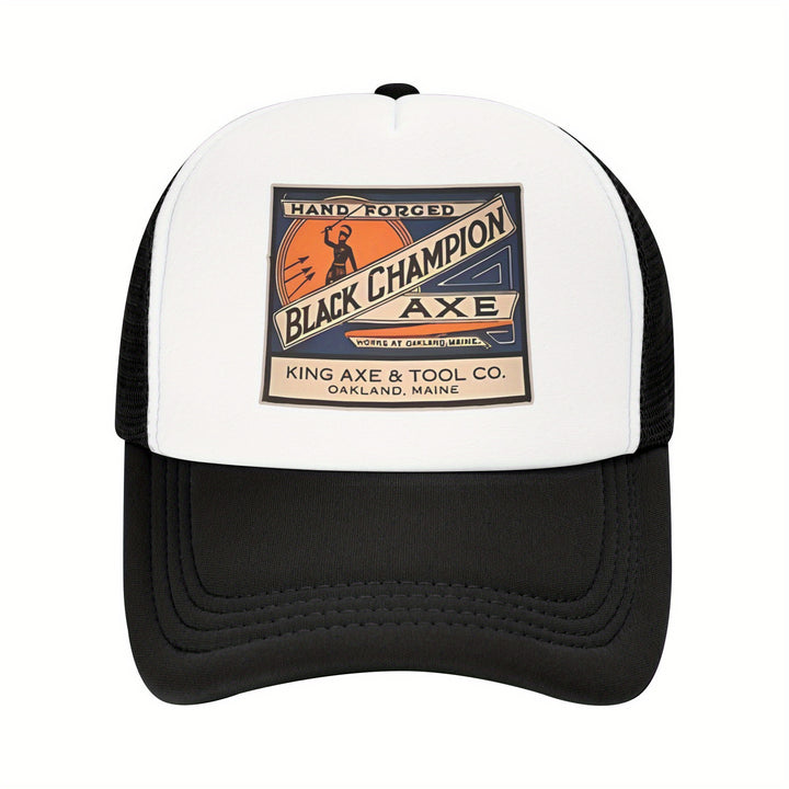Gorra de béisbol Black Champion Axe Logo - Ligera, Malla transpirable, Ajustable, Diseño de dos tonos, Poliéster, Lavar a mano, No limpiar en seco, Estilo urbano, Cierre de presión, Uso de todas las estaciones, Ideal regalo de vacaciones, Gorra de camione