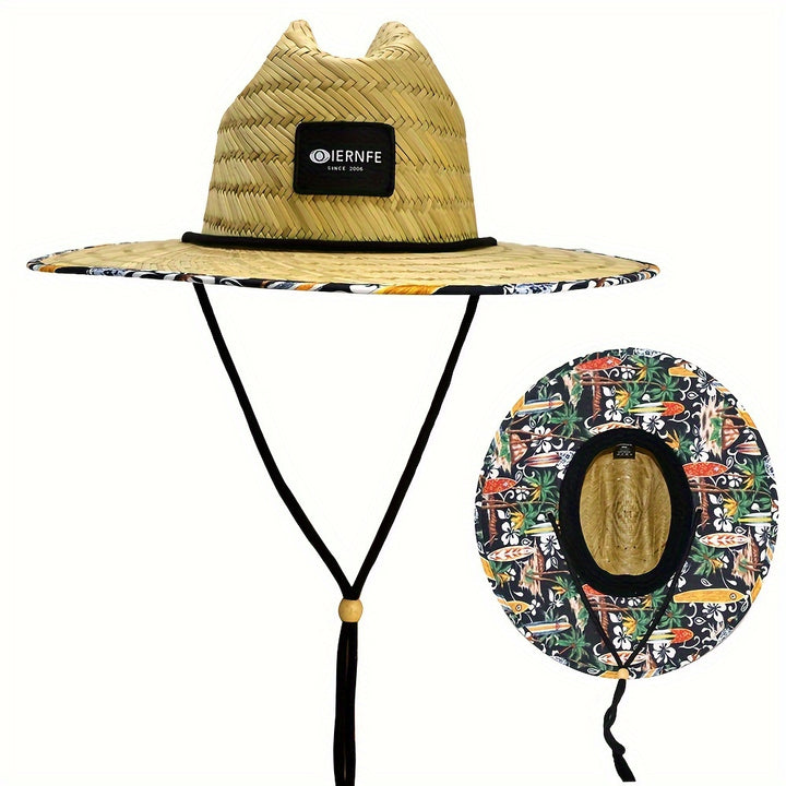 Sombrero de paja para mujer OIERNFE, ala ancha, transpirable y con protección, gorra para playa y deportes al aire libre, barbiquejo ajustable, estampados vibrantes, accesorio para campamento de verano | Sombrero de ala ancha | Gorra de protección solar