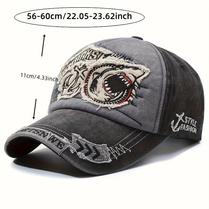 1 gorra de béisbol unisex ajustable con broche, estilo retro desgastado con bordado de tiburón, gorra ligera de ala ancha para todas las temporadas, para hombres y mujeres, deportes casuales al aire libre, ropa con tema marino