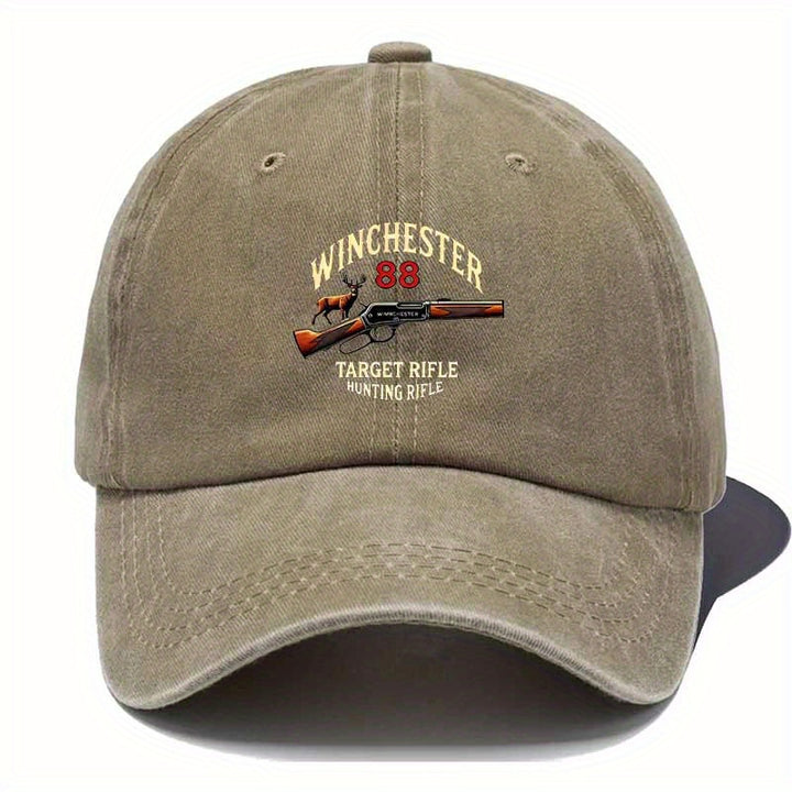 Gorra de Caza para Hombres/Mujeres - Sombrero de Exploración en la Naturaleza con Gráfico de Rifle, Gris Oscuro/Oliva, Accesorio para Cazadores y Actividades al Aire Libre, Lavable a Mano, Diseño Resistente, Tela Duradera, Ideal para Camping y Deportes de