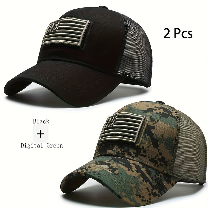 2 gorras de béisbol tácticas ajustables con diseño de bandera estadounidense, para hombre y mujer, transpirables con malla en la parte trasera y bordado de parche de la bandera de EE. UU., ideales para senderismo y pesca en todas las temporadas