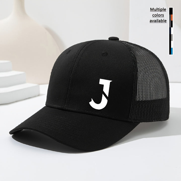 Gorra de béisbol unisex con letra J en el costado, diseño de malla transpirable y visera curva, ideal para primavera y verano. Gorra tipo trucker ajustable, perfecta para actividades al aire libre, deportes, senderismo y pesca