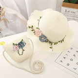 2 piezas, sombreros de paja y bolsos de paja decorados con flores para niñas, para actividades al aire libre en primavera y verano, vacaciones en la playa.