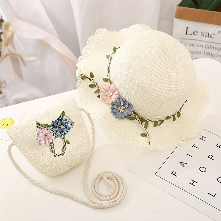 2 piezas, sombreros de paja y bolsos de paja decorados con flores para niñas, para actividades al aire libre en primavera y verano, vacaciones en la playa.