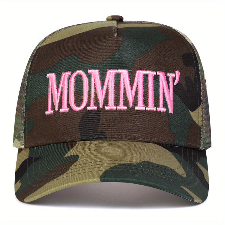 1-Pack Gorra de Béisbol Bordada para Mujer MOMMIN' con Panel Trasero de Malla, Cierre Ajustable Snapback, Diseño Transpirable UPF para Viajes al Aire Libre, Playa y Uso Casual - con Letras Rosadas, Accesorios Exteriores, Sombrero Duradero