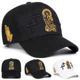 Gorra de béisbol con cruz de Jesús para hombre - ajustable con cierre de clic, ligero poliéster, negro con diseño de cruz dorada y halo, ideal para exteriores, uso casual, primavera y otoño, vacaciones de playa, viajes, sombrero de playa
