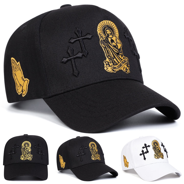 Gorra de béisbol con cruz de Jesús para hombre - ajustable con cierre de clic, ligero poliéster, negro con diseño de cruz dorada y halo, ideal para exteriores, uso casual, primavera y otoño, vacaciones de playa, viajes, sombrero de playa
