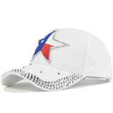 Gorra de béisbol para mujer con la bandera de Texas, estrella de cinco puntas y diamantes - Cierre ajustable con visera, diseño brillante, sombrero de vaquero de lujo para outfits diarios, eventos temáticos y orgullo texano (Negro, Blanco, Azul, Rosa, Mar