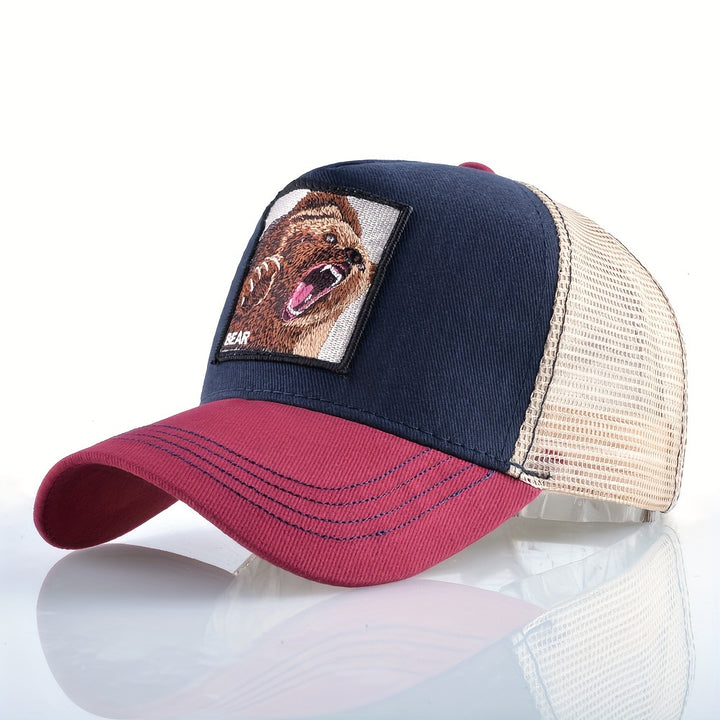 Gorra Trucker Unisex con Diseño de Cara de Oso Adornado - Parte Trasera de Malla Transpirable y Cierre Ajustable con Broche, Gorra de Béisbol de Poliéster con Parche de Oso Pardo, Gorra Casual de Verano para Hombres y Mujeres, Duradera y Cómoda para Depor