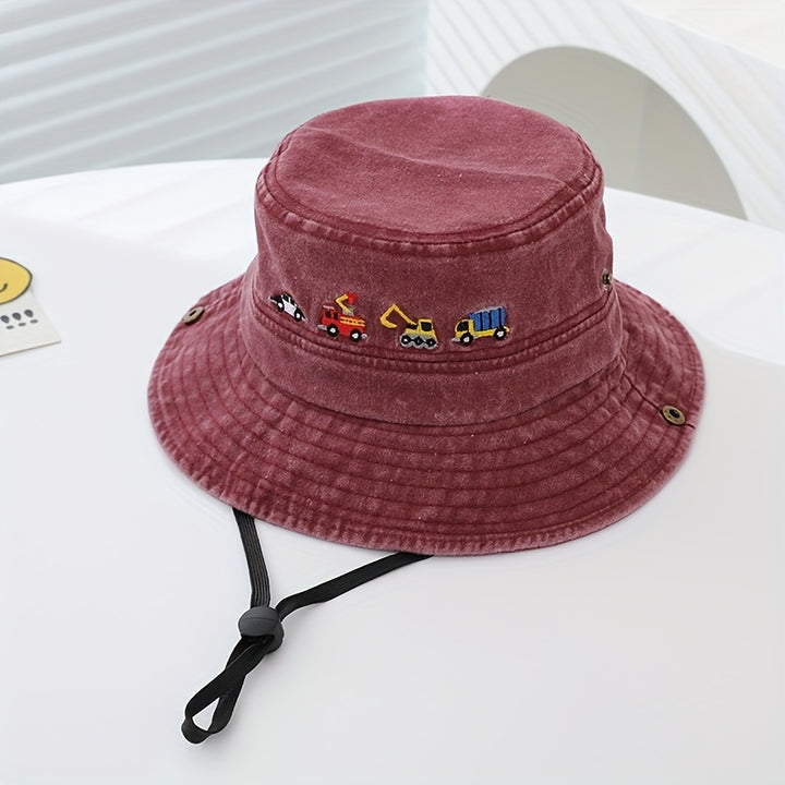 Sombrero de ala ancha con estampado de coches para niños, con correa ajustable, ligero, impermeable y protección solar para todas las estaciones. Ideal para actividades al aire libre y celebraciones de vacaciones. Diseño estampado, sombrero ligero.