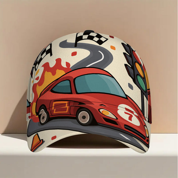 1 gorra de béisbol con estampado de coche de carreras en llamas - Gorra de poliéster con diseño vibrante de cuerpo completo, ligera y ajustable para deportes al aire libre y uso casual, accesorio ajustable para la cabeza | Gorra con estampado vibrante | G