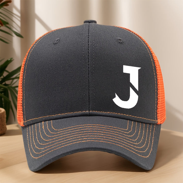 Gorra de béisbol con letra J impresa, diseño creativo - Gorra de malla transpirable y ajustable para primavera/verano, ideal para actividades al aire libre, deportes, senderismo, pesca y protección solar - Material de poliéster, tela sin estirar, liger...