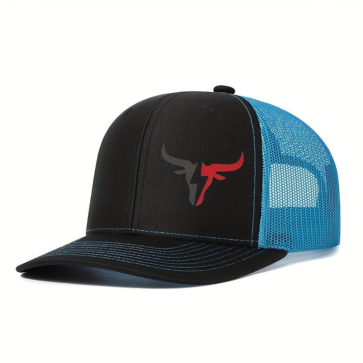 1 gorra ajustable para camionero con espalda de malla transpirable, negra y azul, estampado de calavera de vaca - algodón duradero, uso en todas las estaciones, solo lavado a mano, gorra para deportes al aire libre|Diseño de calavera de vaca|Espalda de ma