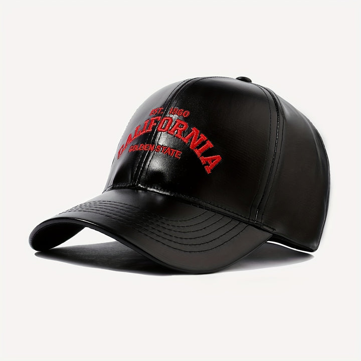 Gorra de béisbol de cuero PU California Golden State - Unisex, ajustable, cierre con botón, protección solar, temática de vacaciones, artesanal con bordado y diseño tejido