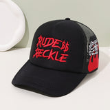 Gorra de béisbol bordada Rude Reckle - Espalda de malla transpirable, ajustable con cierre, diseño negro y blanco con detalles rojos, gorra casual unisex para hombres y mujeres, ropa de cabeza para exteriores | Gorra ajustable con cierre | Equipo de cabez