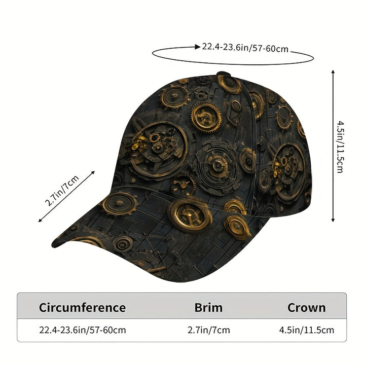 1 gorra de béisbol con estampado de engranajes y engranajes Steampunk - Gorra ajustable y ligera de poliéster con diseño mecánico intrincado, ideal para uso casual, perfecta para vacaciones, gorra casual | Estilo Steampunk | Gorra ligera