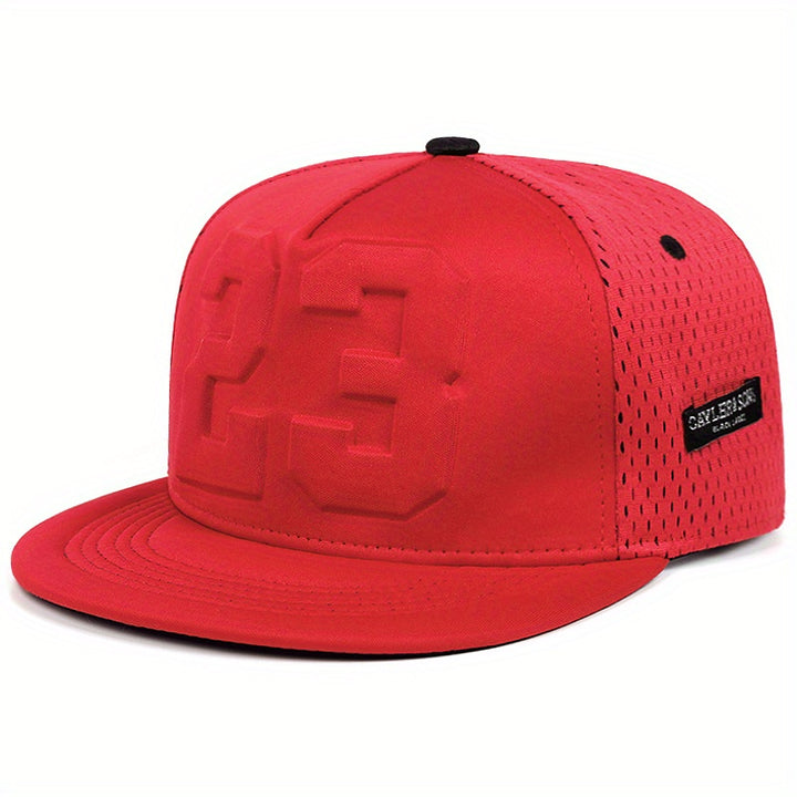 Gorra de béisbol snapback negra y roja con diseño en relieve de 58.42 cm, poliéster suave, parte trasera de malla transpirable, ajuste adaptable para deportes y uso casual, accesorio de moda, gorra duradera