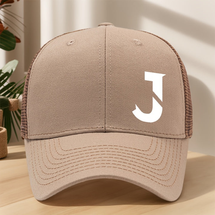 Gorra de béisbol con letra J impresa, diseño creativo - Gorra de malla transpirable y ajustable para primavera/verano, ideal para actividades al aire libre, deportes, senderismo, pesca y protección solar - Material de poliéster, tela sin estirar, liger...