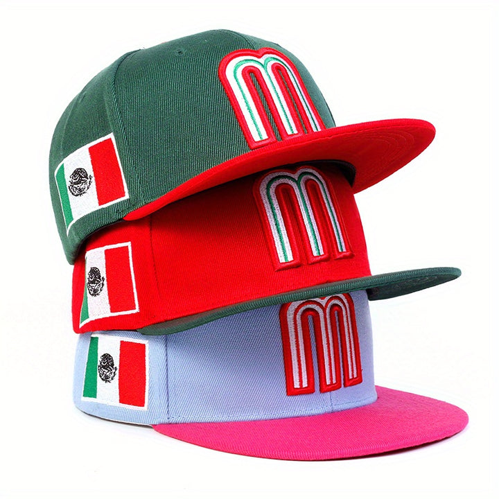 1 gorra de béisbol para mujer con bandera mexicana y letra M - ajustable, ligera y transpirable en bloques verde/rojo, emblema blanco M y motivos mexicanos para viajes de primavera/otoño, fiestas en la playa o looks casuales (lavado a mano)
