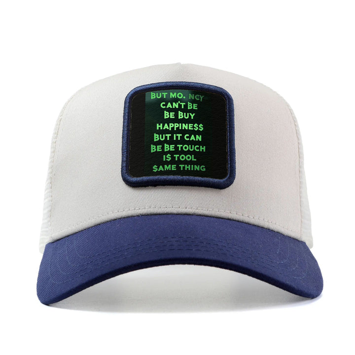 Gorra de Camionero Ajustable para Hombres y Mujeres con Frase Motivacional Dinheiro vs Felicidade e Estampa Verde - Parte Trasera en Red Transpirable, Gorro Ligeto Casual Deportivo o Streetwear Unisex Ideal Para el Otoño/Verano (Talla Única, 54.86-59. 94c