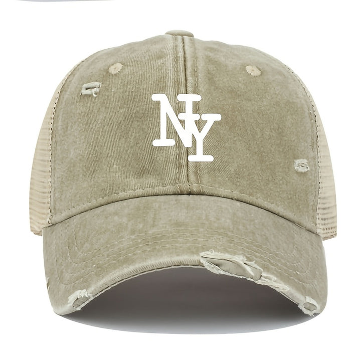 Gorra de camionero de malla desgastada con estampado de NY para hombre - Gorra de béisbol ligera, transpirable, con cierre de snapback, gris, gorra de béisbol