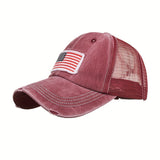 Gorra de béisbol con bandera desgastada y lavada, con soporte para cola de caballo - Gorra de camionero con espalda de malla transpirable, ajustable con cierre para golf, moda de verano con borde curvo para hombres y mujeres, golf Ca.