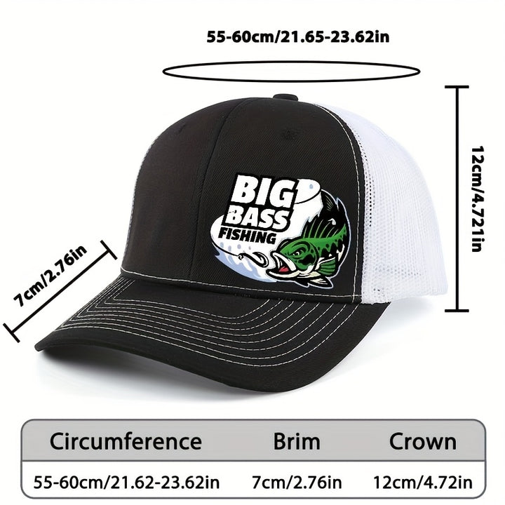 Gorra Trucker Unisex Ajustable Ligera y Transpirable de Malla - Diseño Color-Block /Blanco con Gráfico BIG BASS FISHING y Pecera, Gorra Deportiva para Aficionados a la Pesca al Aire Libre, Regalo Perfecto para Graduaciónes, Día del Maestro o Partidos de F