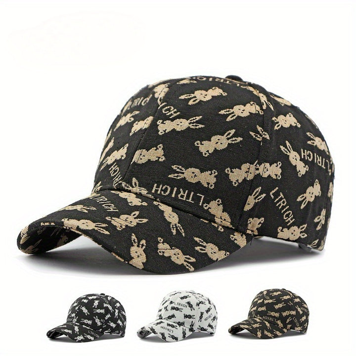 Gorra de béisbol ligera para mujer con diseño bordado de conejo - Snapback ajustable, negro y beige, cara pequeña - Adecuada para primavera/verano, ropa casual para la cabeza | Accesorio de cabeza elegante | Gorra ligera