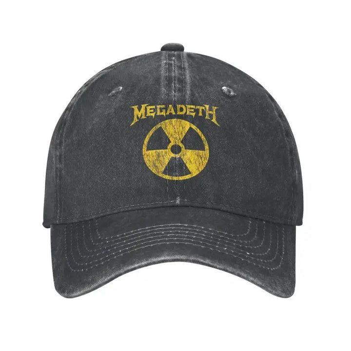 Gorra de Béisbol de la Banda de Rock Metálico Nuclear Retro Megadeth | Gorra Snapback Desgastada Unisex | Ajustable, Ligera y Lavable a Máquina | Negra con Diseño del Símbolo de Radiación Amarillo | Accesorio Deportivo para Exteriores para Hombres y Mujer
