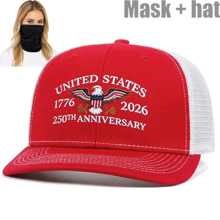 Dos Paquetes Gorra Trucker Águila del 250 Aniversario de EE. UU. + Set de Máscara - Rojo Patriótico y Diseño, Snapback Ajustable, Parte Trasera de Malla Transpirable, Absorbente de Humedad, Ideal para Deportes al Aire Libre y Uso Casual, Perfecto para ...