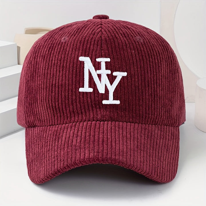 Gorra ajustable NY con logo bordado, unisex, negra/blanca tipo pana, ligera y abrigada para invierno y todo clima, bordado temático NY, regalo casual para fans (lavable a mano)