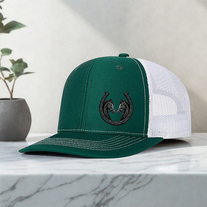 Gorra de béisbol negra para hombre con estampado de herradura de caballo doble, transpirable y ajustable, diseño ligero y duradero, ideal para deportes al aire libre y uso casual | Gorra ajustable | Tela de malla transpirable