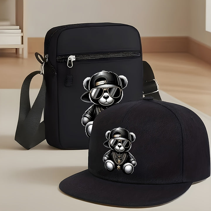 2 piezas, Gorra de Béisbol con Visera Curva y Bolso Bandolera Unisex Estampado Oso Hip-Hop, Moda Urbana Deportiva al Aire Libre Sombrero Ajustable Con Funda, Regalo para Él o Ella, Accesorio de Streetwear,Estilo Urbano,Gorra de Moda,Moda Hiphop,Ajuste Aju
