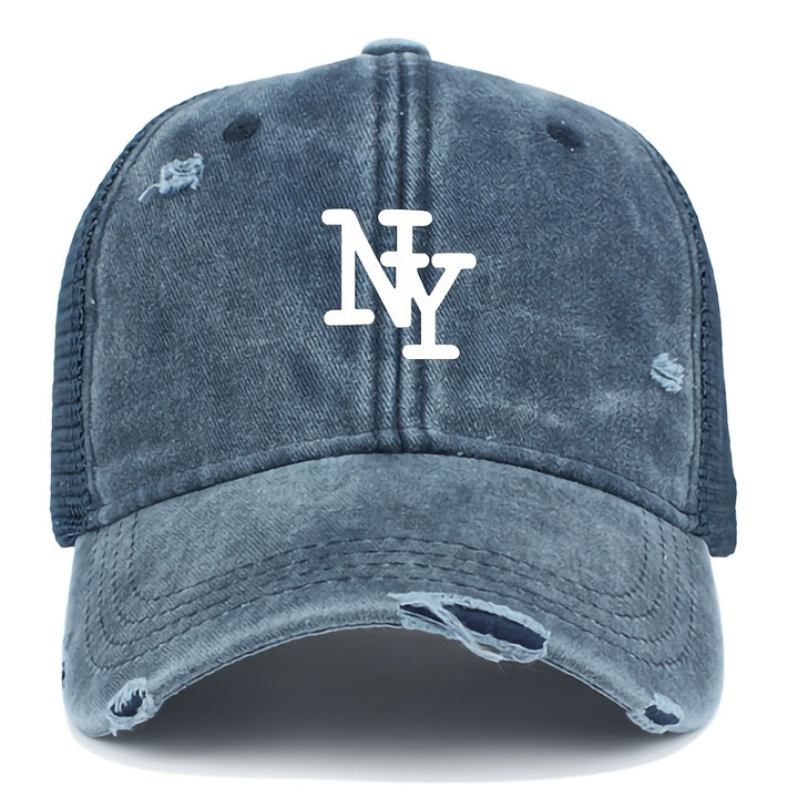 Gorra de camionero de malla desgastada con estampado de NY para hombre - Gorra de béisbol ligera, transpirable, con cierre de snapback, gris, gorra de béisbol