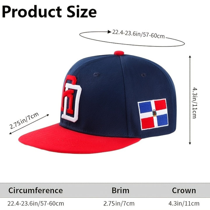 Gorra de béisbol de ala plana bordada con la bandera de la República Dominicana, apta para hombres y mujeres, talla ajustable, perfecta para usar todo el año, ideal para regalar.