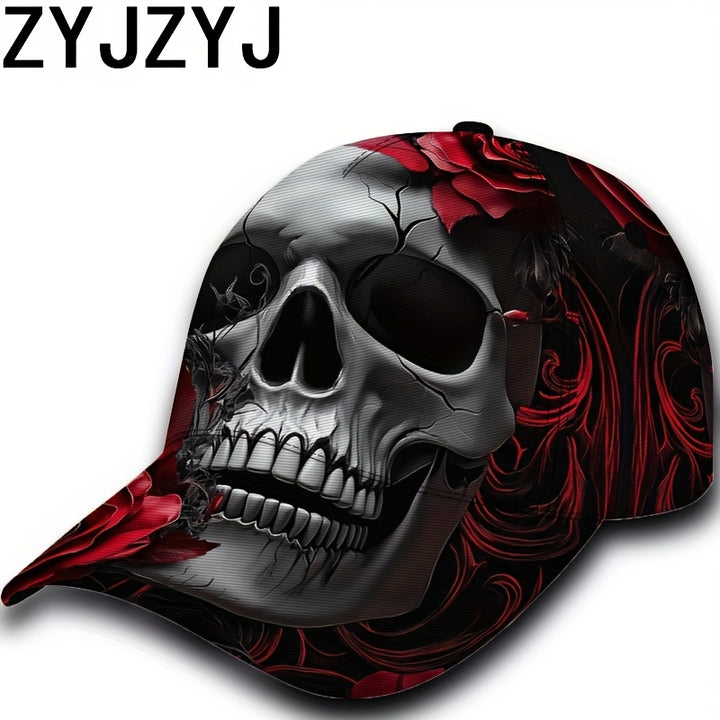 1 gorra de béisbol estilo hip-hop con calavera y flores - Gorra ajustable y transpirable de poliéster para viajes, fiestas en la playa y actividades al aire libre informales, ligera y lavable en máquina, regalo perfecto para Halloween, Navidad, Día de San